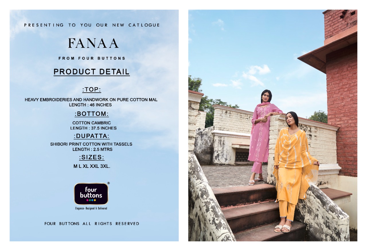 four buttons fanaa cotton decent embroidery look top bottom with dupatta catalog