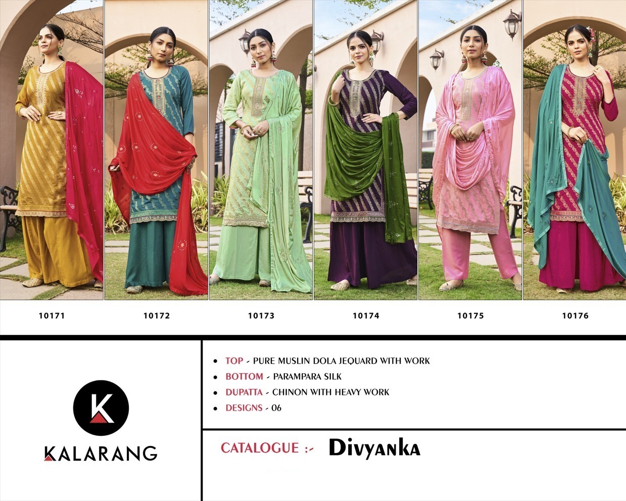 kalarang divyanka Pure Muslin Dola Jequard gorgeous look salwar suit catalog