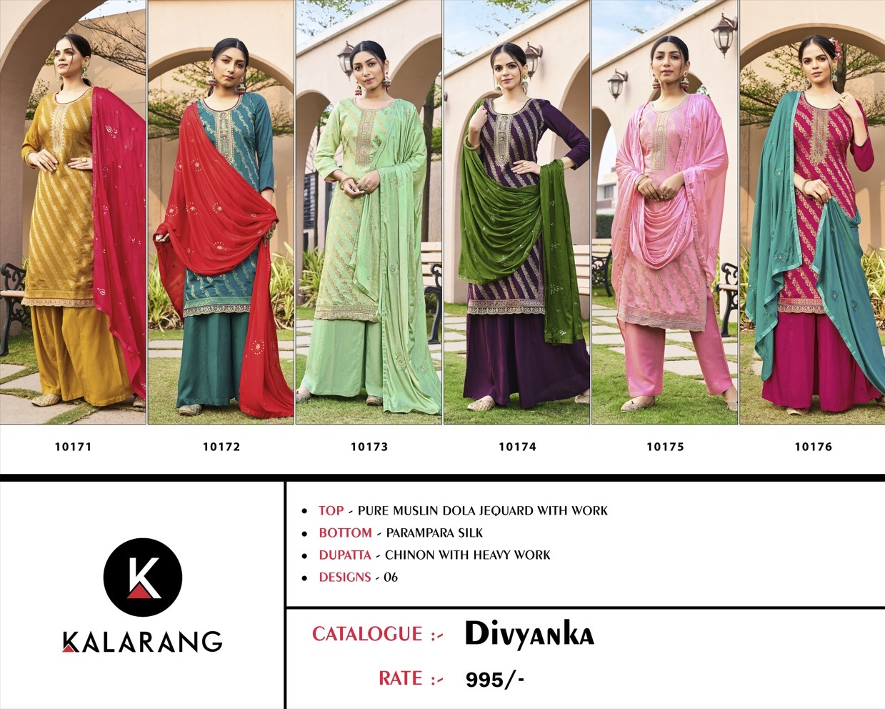 kalarang divyanka Pure Muslin Dola Jequard gorgeous look salwar suit catalog