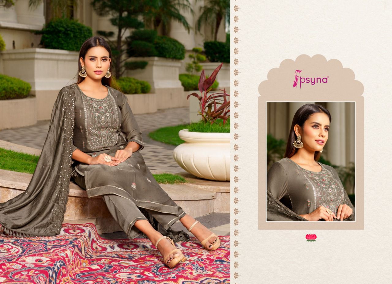 psyna gulshan marshroom silk elegant look top bottom with dupatta catalog