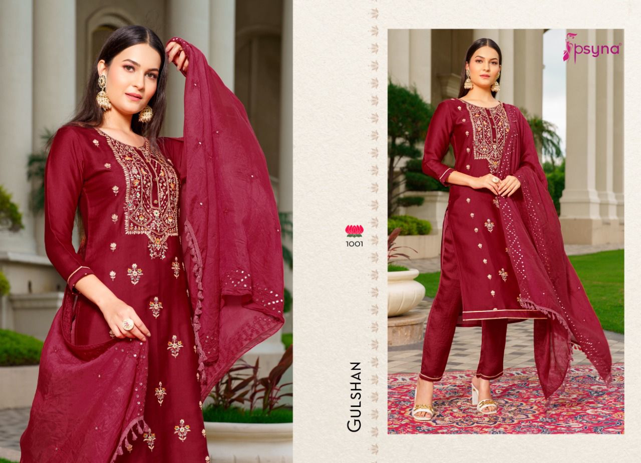 psyna gulshan marshroom silk elegant look top bottom with dupatta catalog