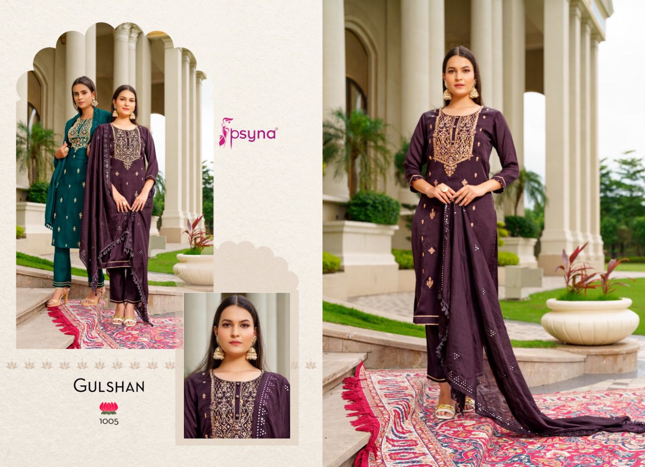 psyna gulshan marshroom silk elegant look top bottom with dupatta catalog