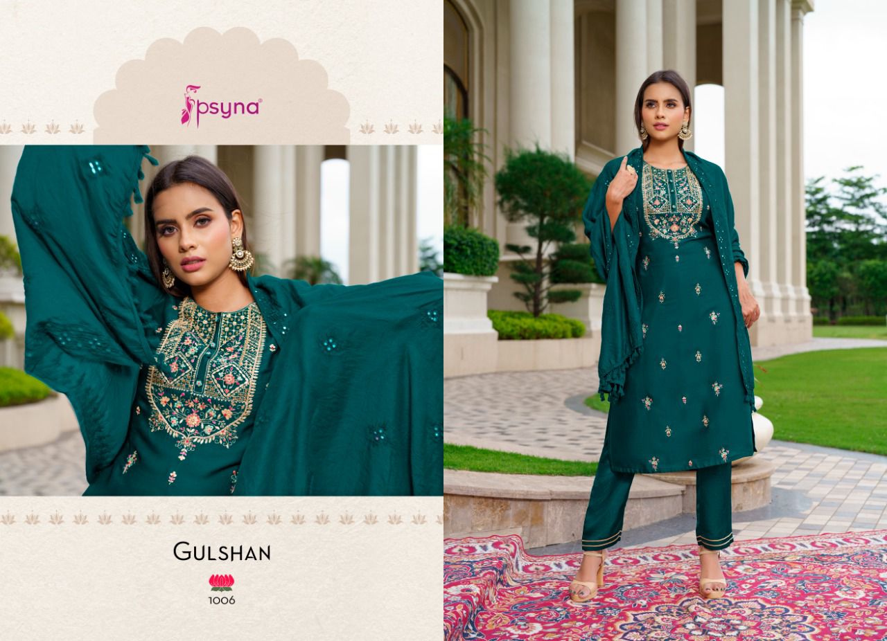 psyna gulshan marshroom silk elegant look top bottom with dupatta catalog