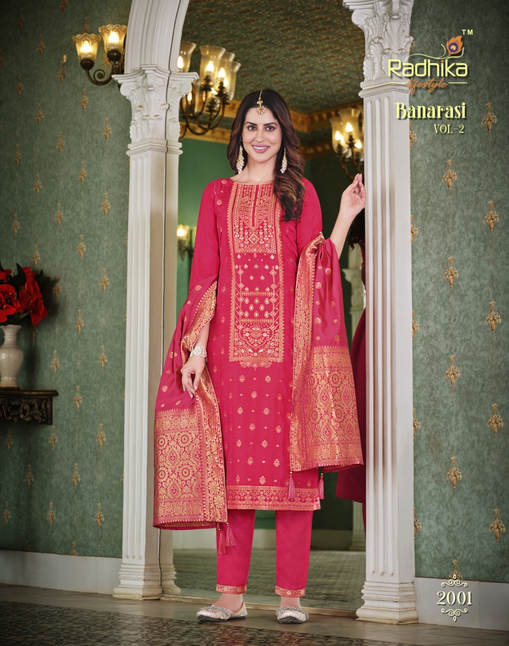 radhika   lifestyle banarasi vol 2 dola silk attractive look top bottom with dupatta catalog