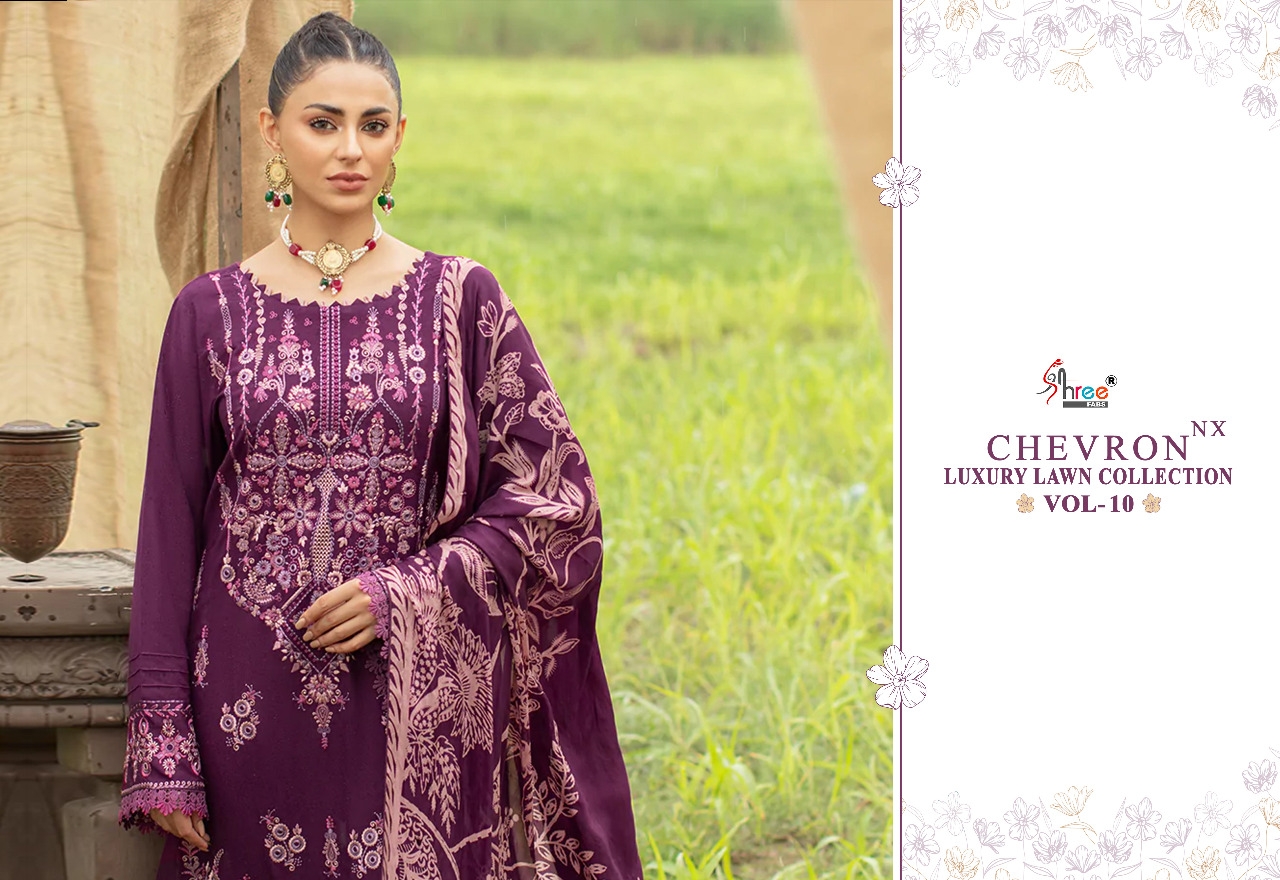 shree fabs chevron luxury lawn collection vol 10 nx cotton regal look  salwar suit with siffon dupatta catalog