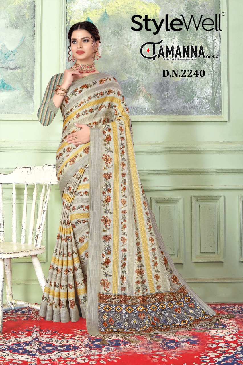 the style tamanna vol 2 linen ecxlusive print saree catalog