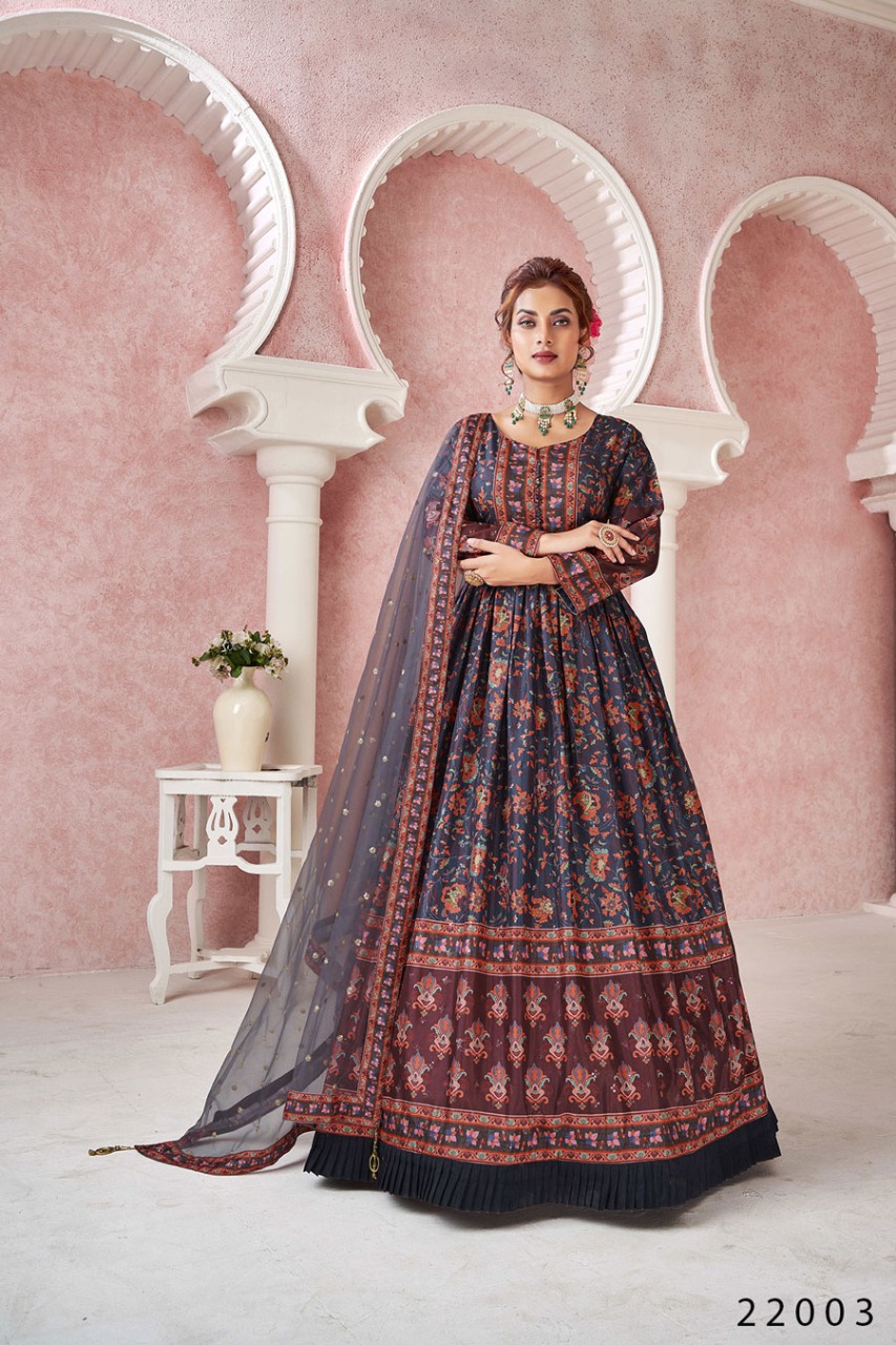 virast kimaya silk exclusive print gown with dupatta catalog