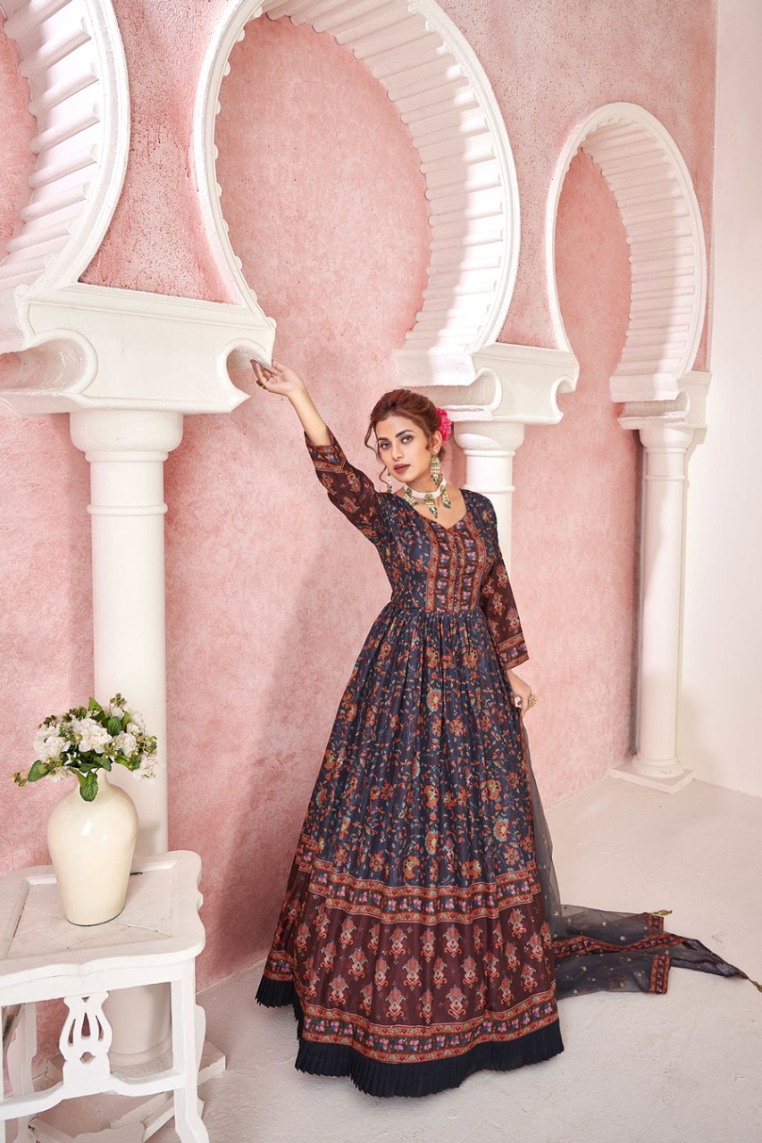 virast kimaya silk exclusive print gown with dupatta catalog