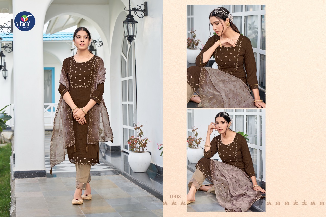 vitara fashion marigold silk elegamt top bottom with dupatta catalog