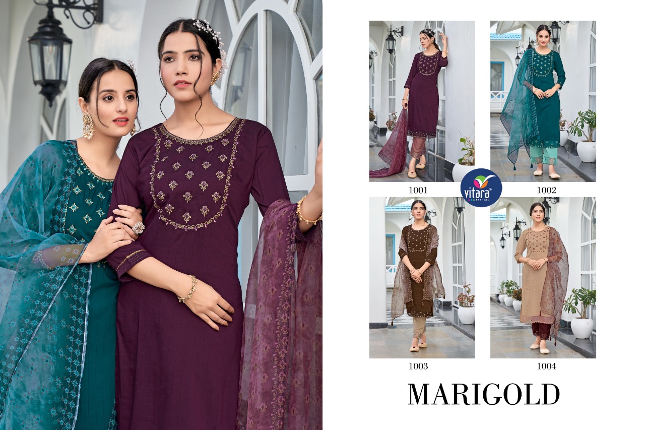 vitara fashion marigold silk elegamt top bottom with dupatta catalog