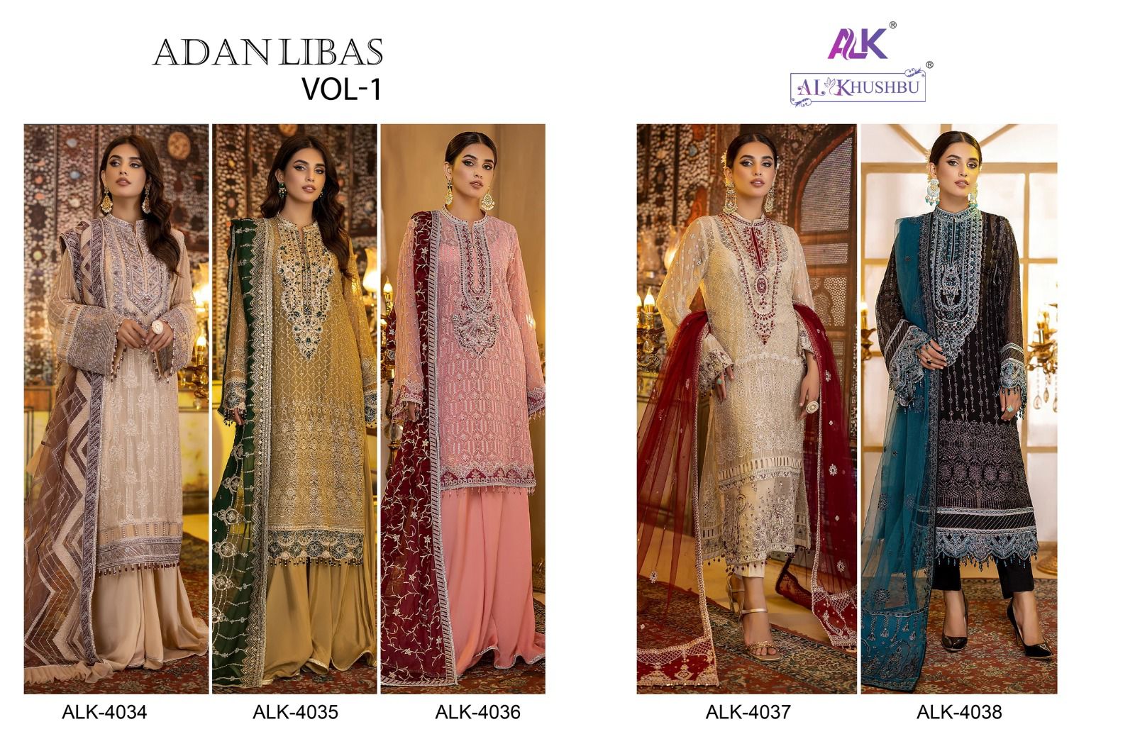 al khushbu adan libas vol 1 d no 4034 to 4038 georgette decent look salwar suit catalog