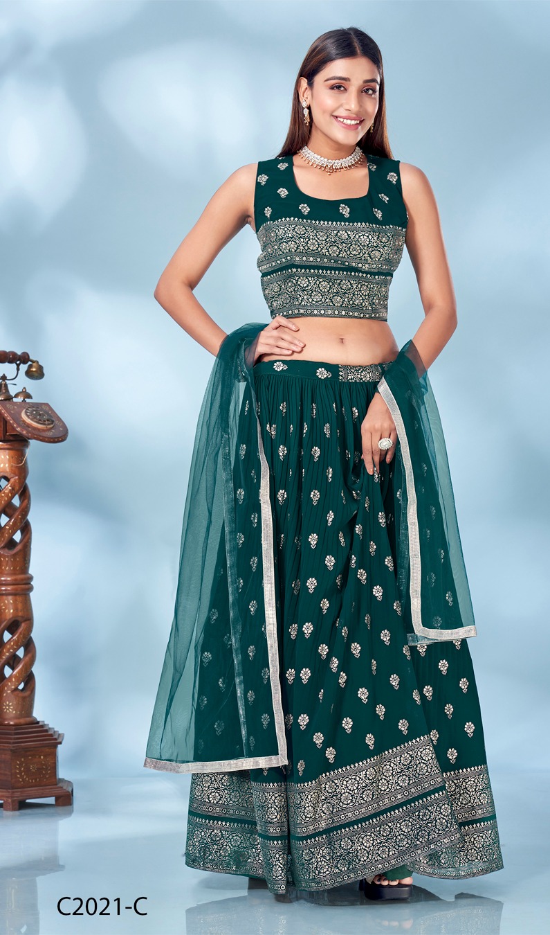 amoha trendz design no c 2021 chinon festivr look crop top lehenga with dupatta  catalog