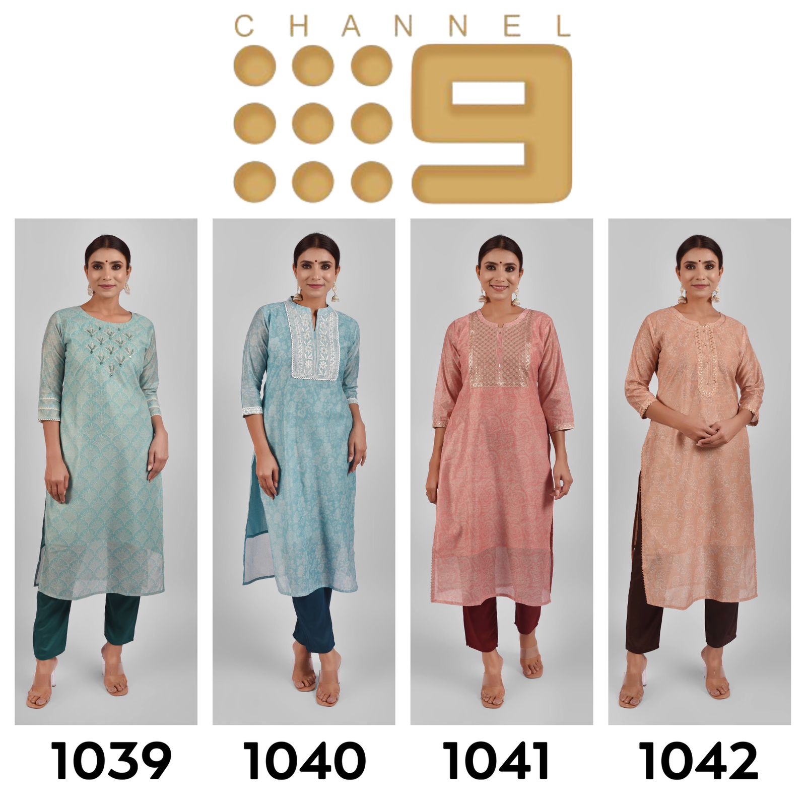 channel 9 sku 1039 to 1042 chanderi attractive look top bottom  size set