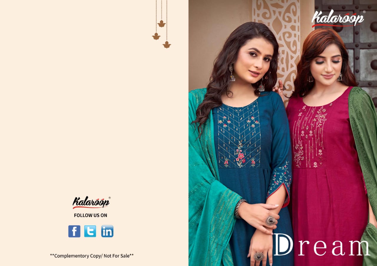 kalaroop by kajree dream rayon elegant look top bottom with dupatta catalog