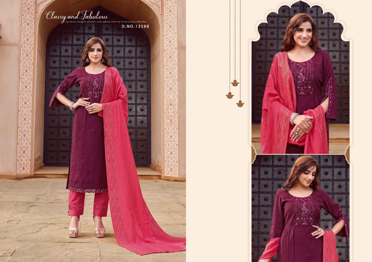 kalaroop by kajree dream rayon elegant look top bottom with dupatta catalog