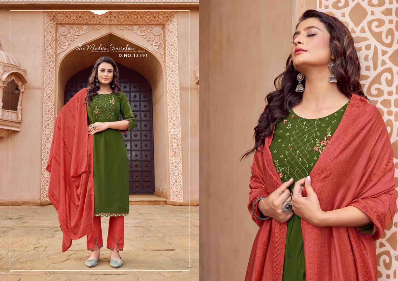 kalaroop by kajree dream rayon elegant look top bottom with dupatta catalog