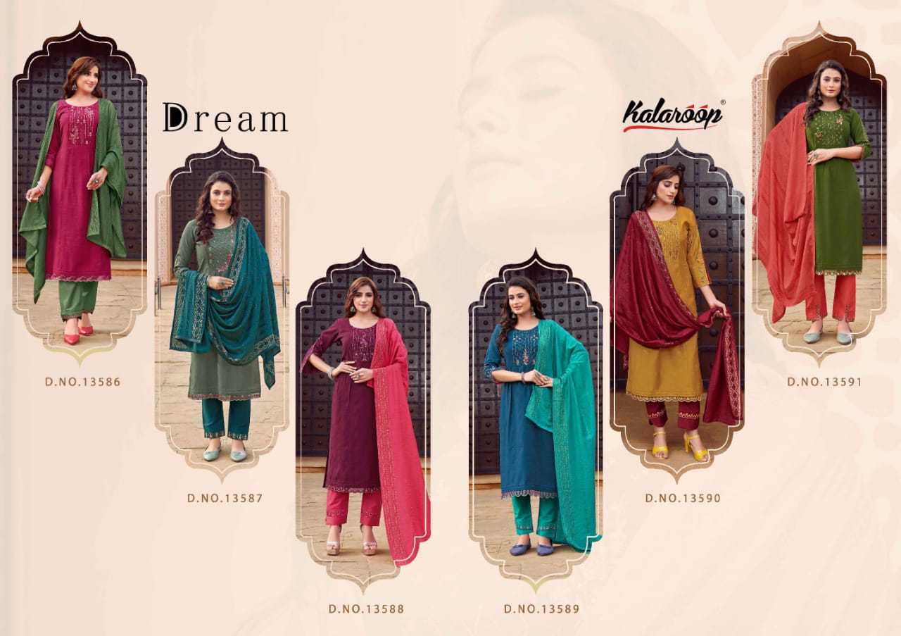 kalaroop by kajree dream rayon elegant look top bottom with dupatta catalog