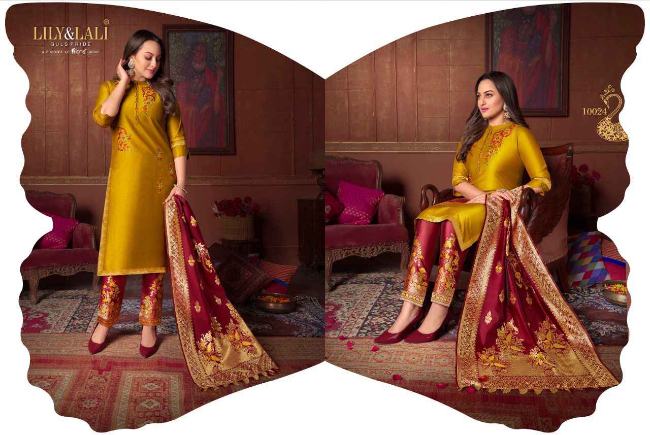 lily and lali meenakari 2 Bemberg Silk gorgeous look top bottom with dupatta catalog