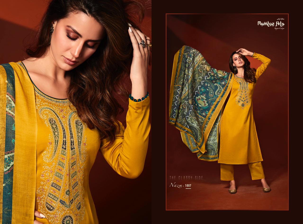 mumtaz art nazm jam satin  grece ful look salwar suit catalog