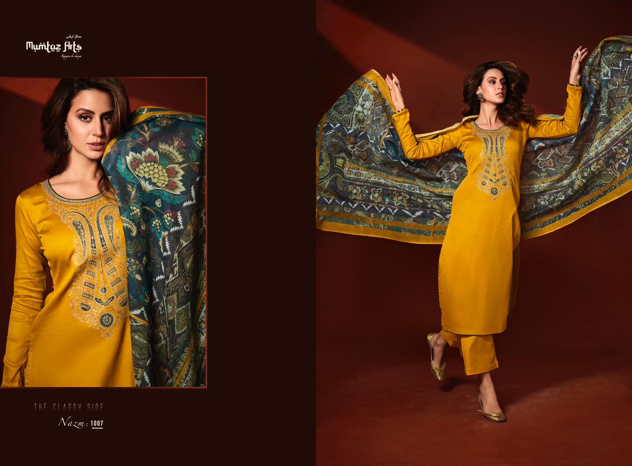 mumtaz art nazm jam satin  grece ful look salwar suit catalog