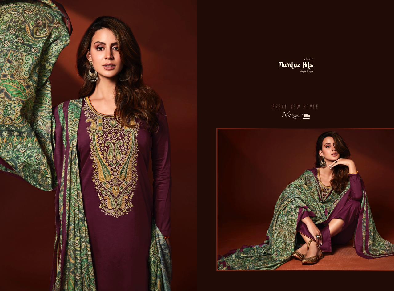 mumtaz art nazm jam satin  grece ful look salwar suit catalog