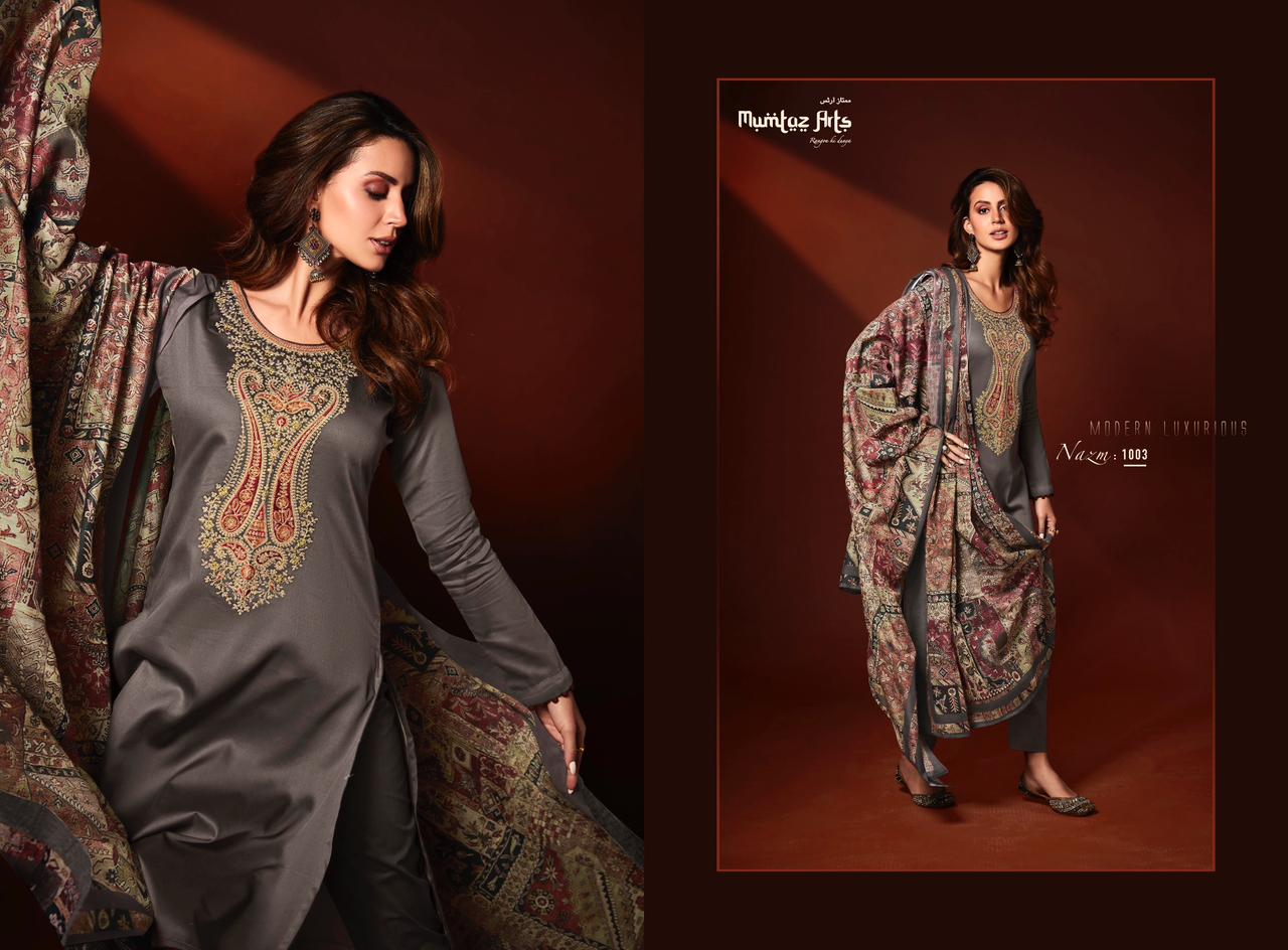 mumtaz art nazm jam satin  grece ful look salwar suit catalog