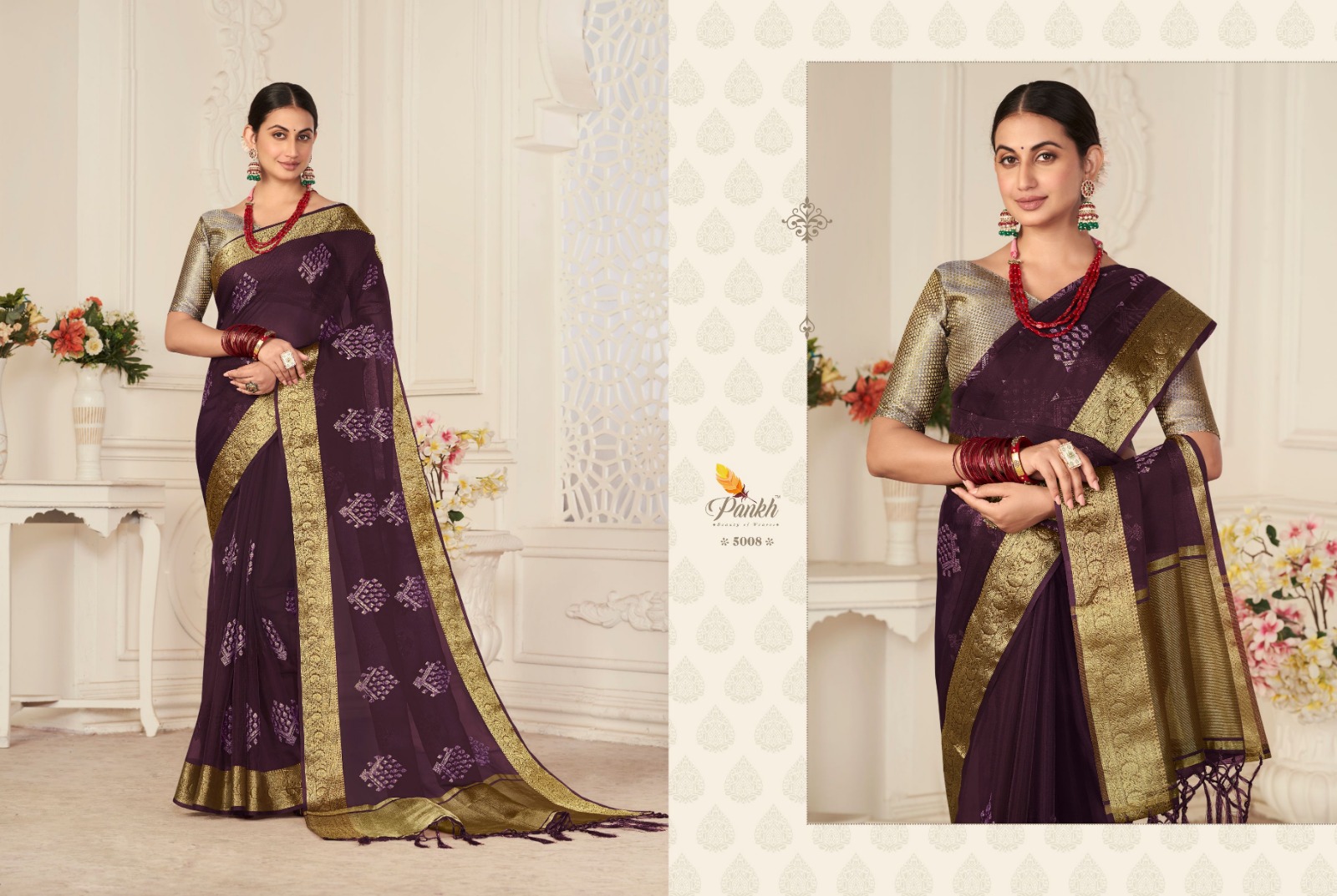 pink lotus pankh shagun vol 1 organza innovative look saree catalog