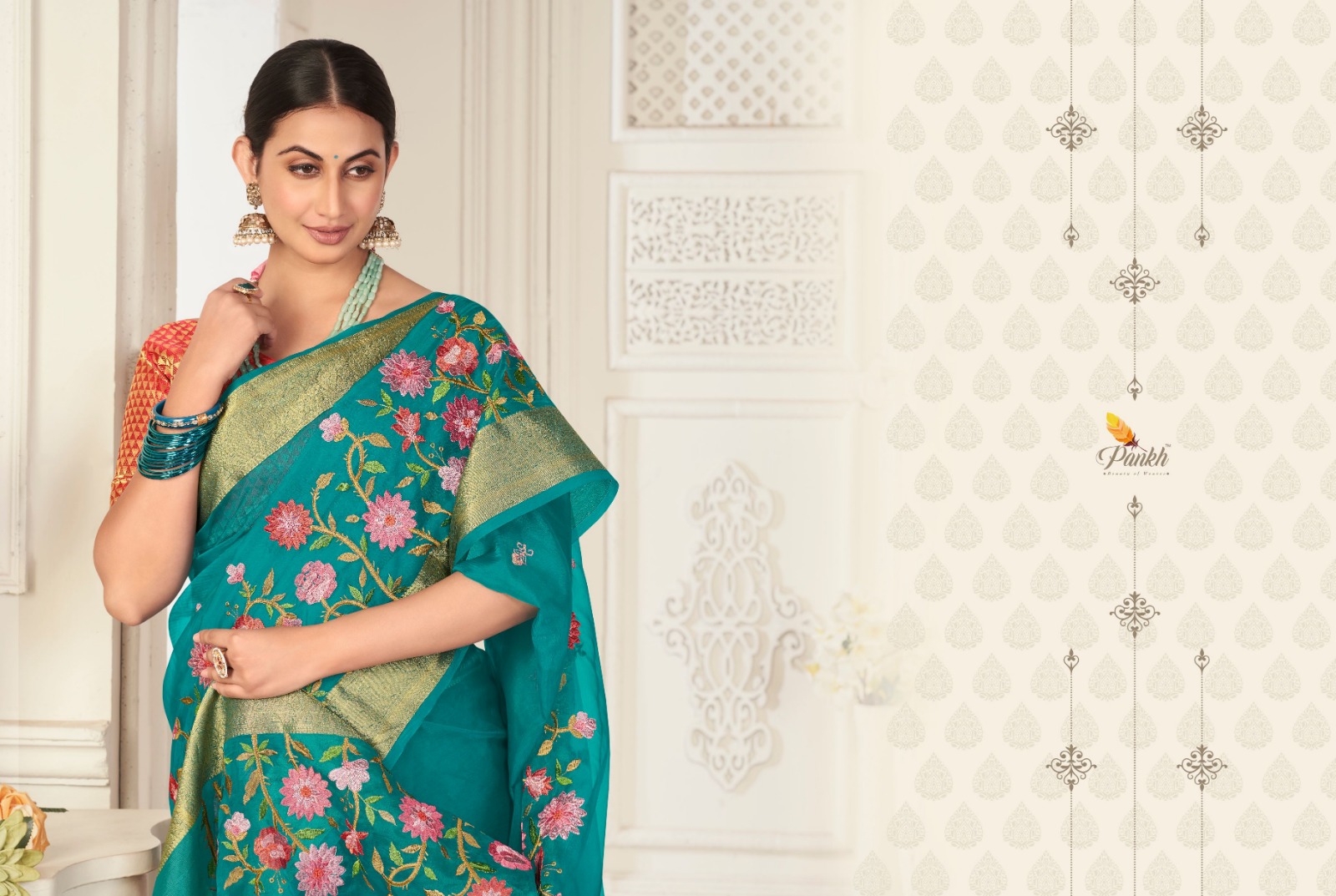 pink lotus pankh shagun vol 1 organza innovative look saree catalog