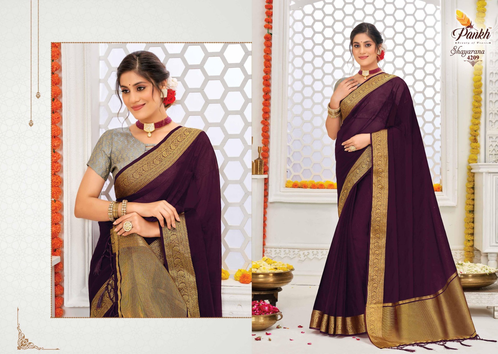 pink lotus pankh shayrana vol 1 organza decent look saree catalog