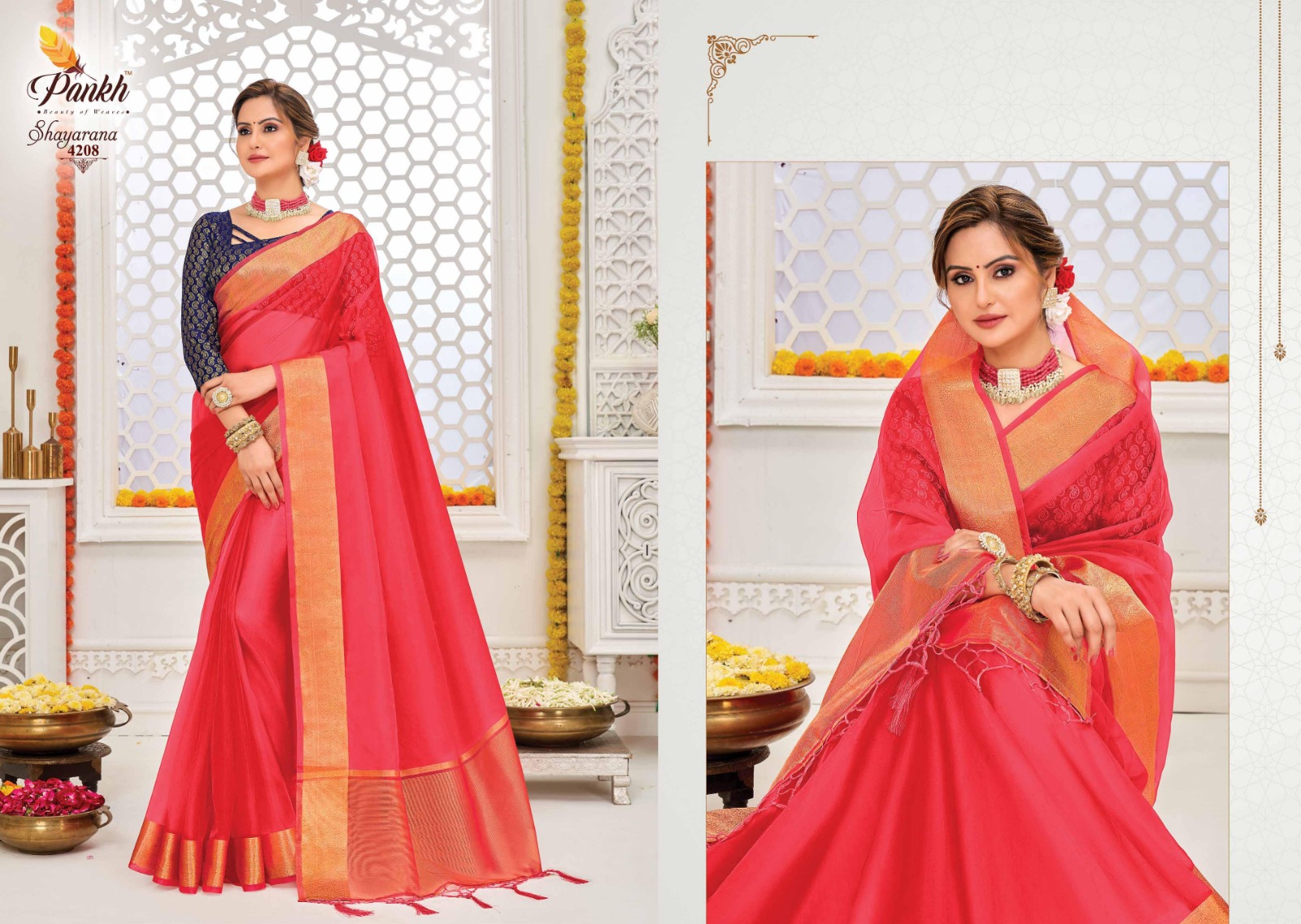 pink lotus pankh shayrana vol 1 organza decent look saree catalog