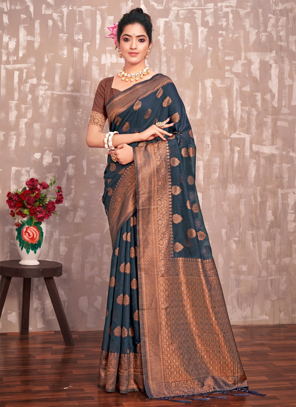 sangam print kesariya cotton silk gorgeous look saree catalog