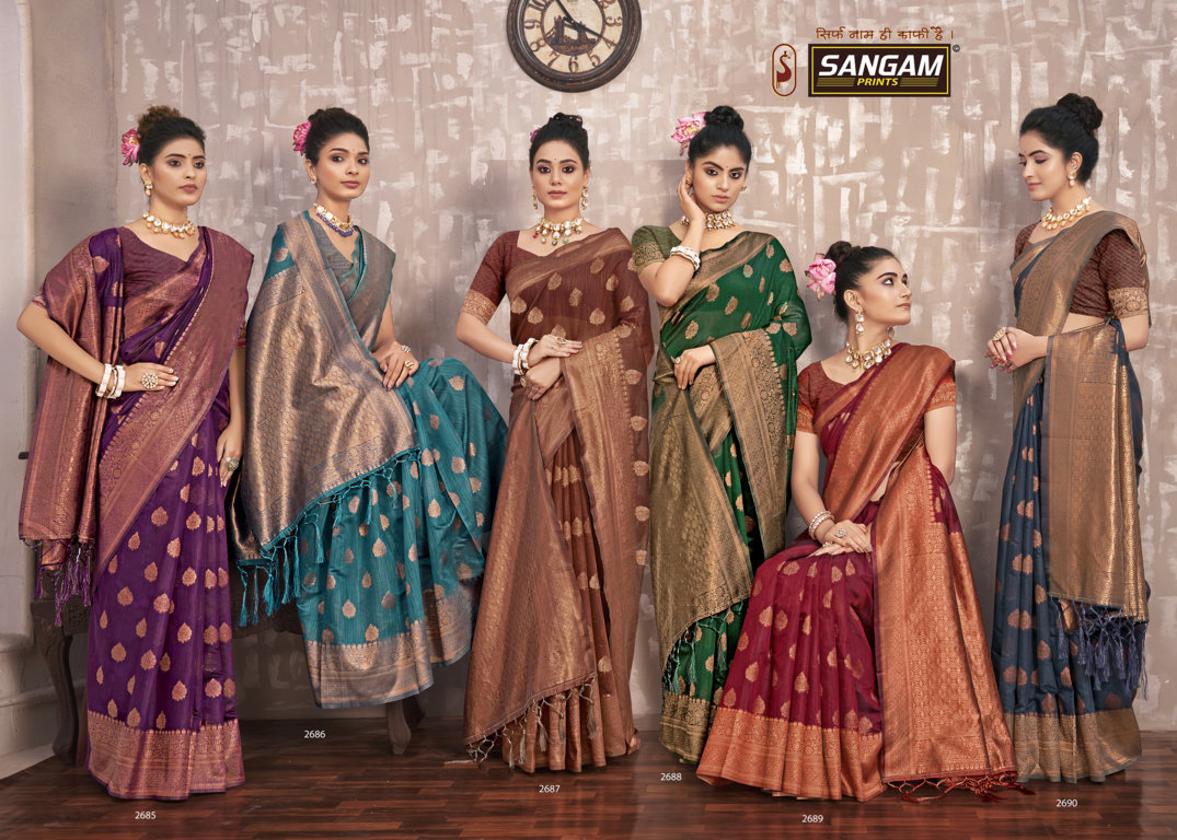 sangam print kesariya cotton silk gorgeous look saree catalog