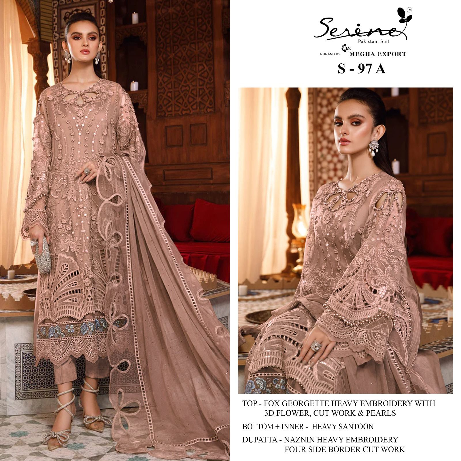 serine Megha Exports s 97 a to d georgette regal look salwar suit catalog