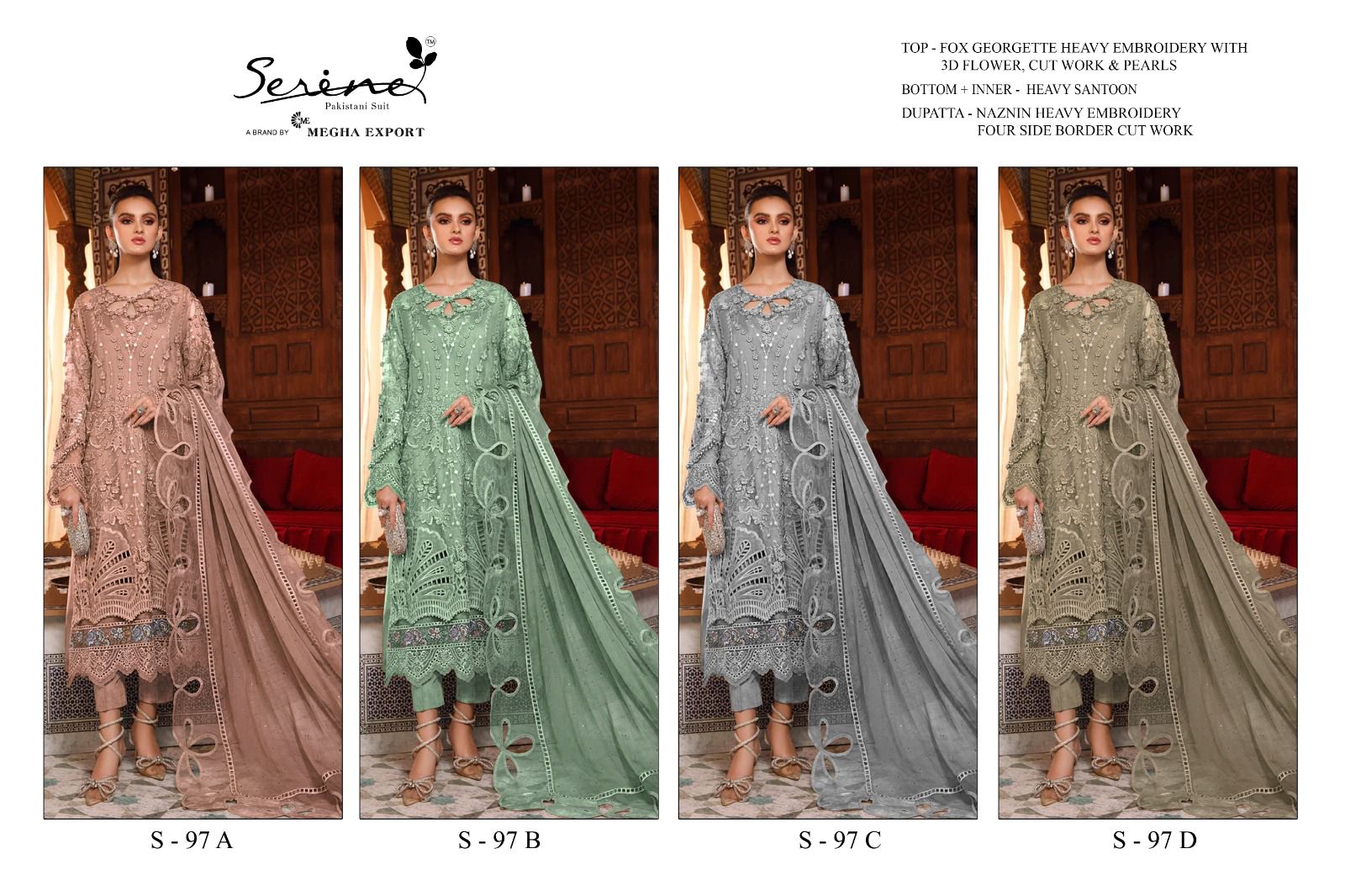 serine Megha Exports s 97 a to d georgette regal look salwar suit catalog