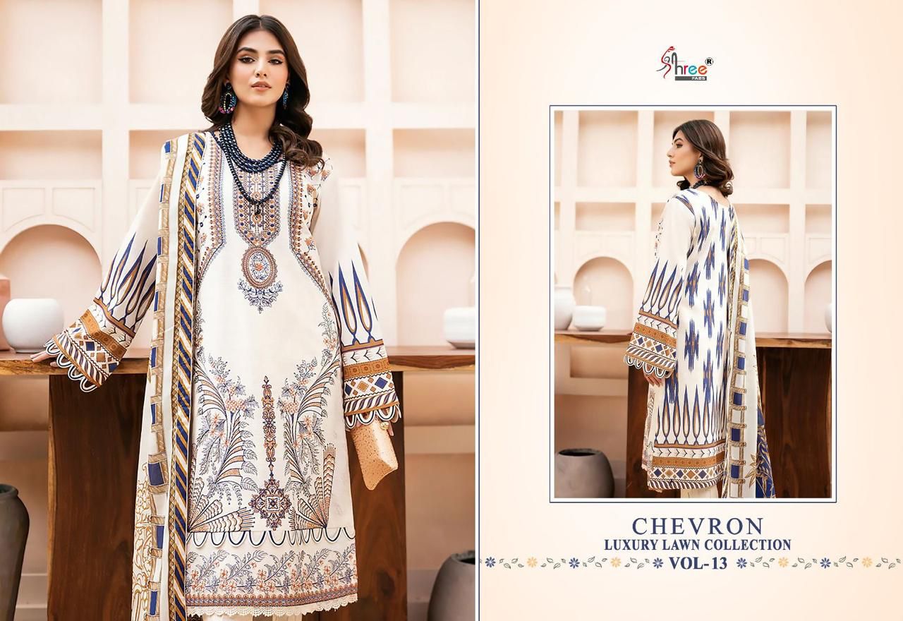 shree fabs chevron luxury lawn collection vol 13 lawn cotton attrective print salwar suit with chiffon dupatta catalog