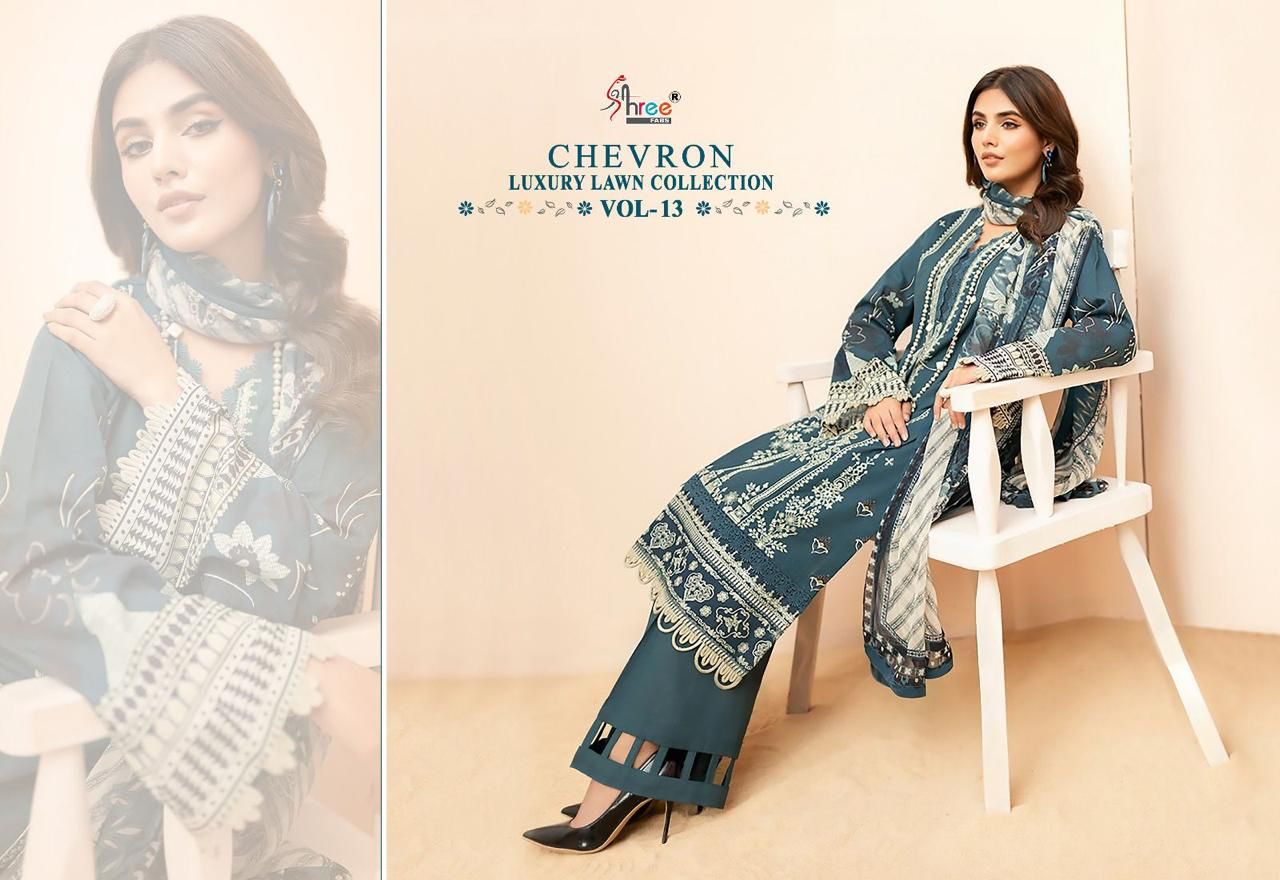 shree fabs chevron luxury lawn collection vol 13 lawn cotton attrective print salwar suit with chiffon dupatta catalog