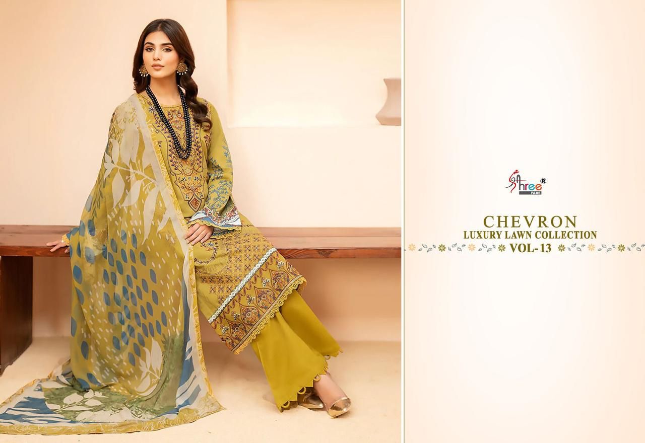 shree fabs chevron luxury lawn collection vol 13 lawn cotton attrective print salwar suit with chiffon dupatta catalog