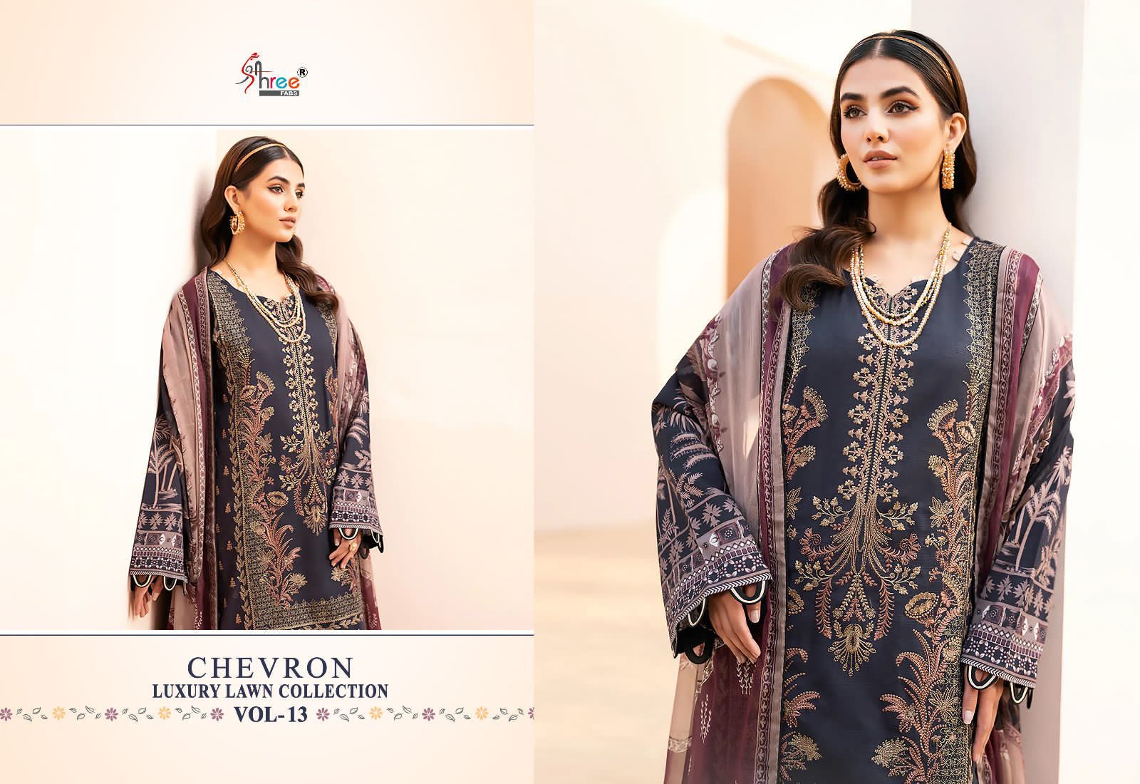 shree fabs chevron luxury lawn collection vol 13 lawn cotton attrective print salwar suit with chiffon dupatta catalog