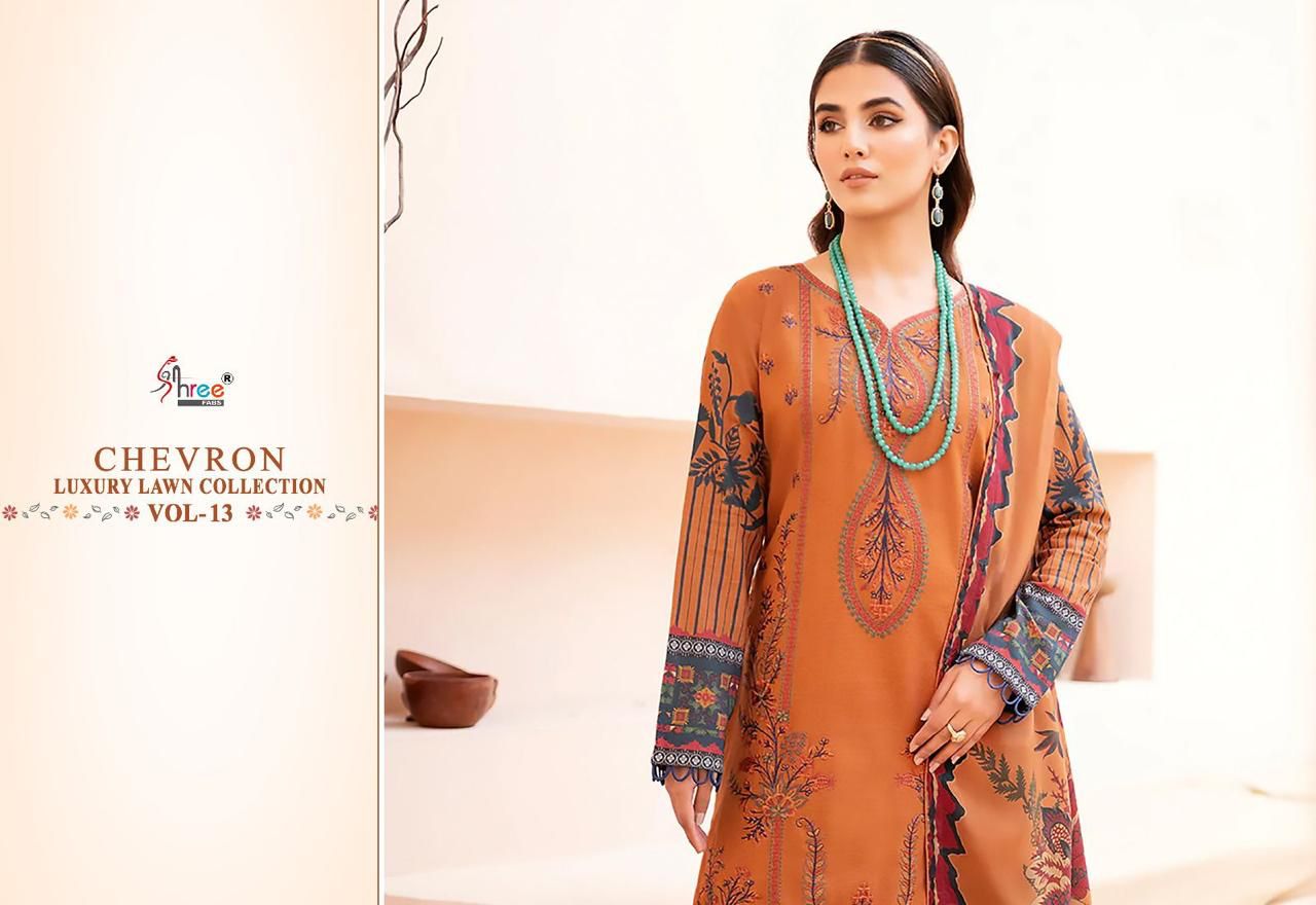 shree fabs chevron luxury lawn collection vol 13 lawn cotton attrective print salwar suit with chiffon dupatta catalog