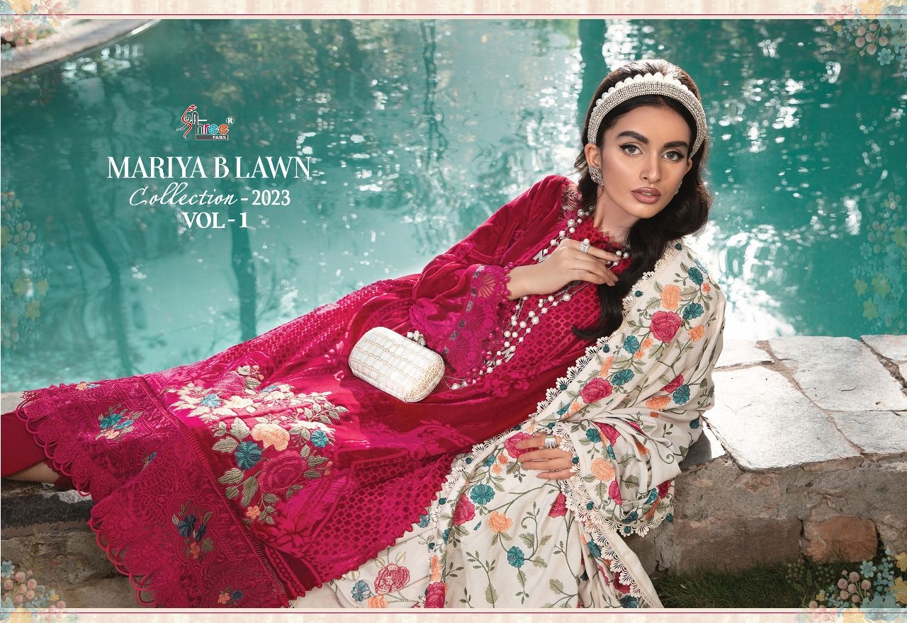 shree fabs maria b Lawn collection 2023 vol 1 cotton regal look salwar suit with chiffon dupatta catalog