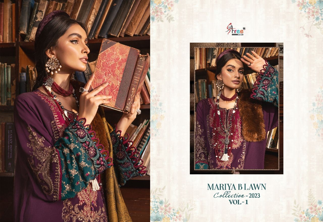 shree fabs maria b Lawn collection 2023 vol 1 cotton regal look salwar suit with chiffon dupatta catalog