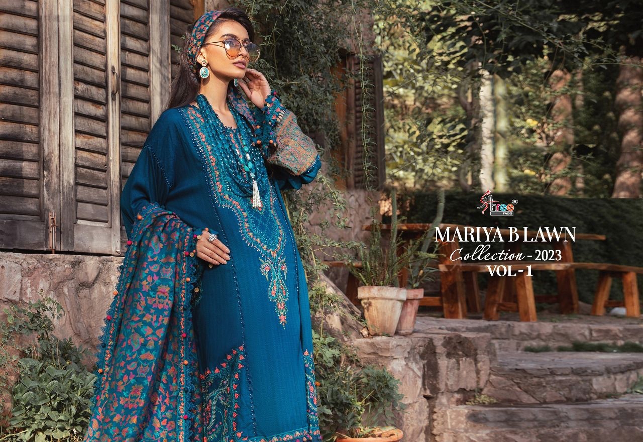 shree fabs maria b Lawn collection 2023 vol 1 cotton regal look salwar suit with chiffon dupatta catalog