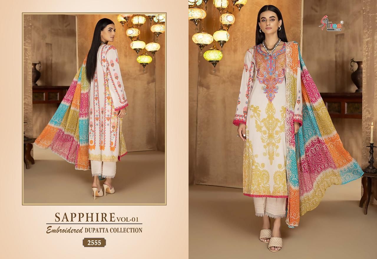 shree fabs shapphire embroidered dupatta collection vol 1 cotton decent look salwar suit with chiffon dupatta catalog