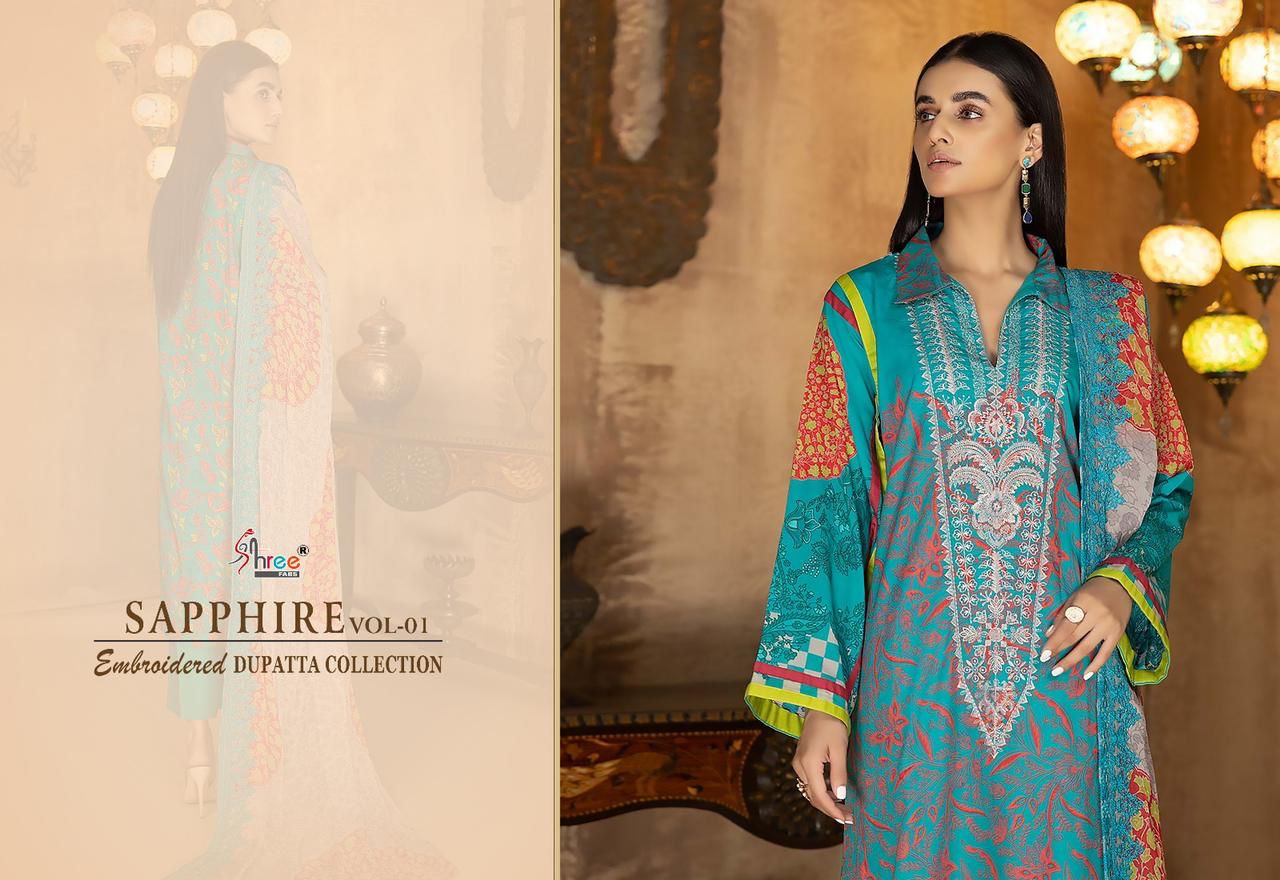 shree fabs shapphire embroidered dupatta collection vol 1 cotton decent look salwar suit with chiffon dupatta catalog