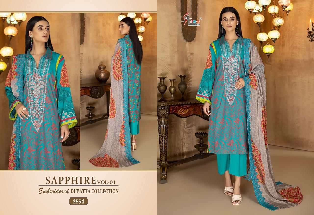 shree fabs shapphire embroidered dupatta collection vol 1 cotton decent look salwar suit with chiffon dupatta catalog