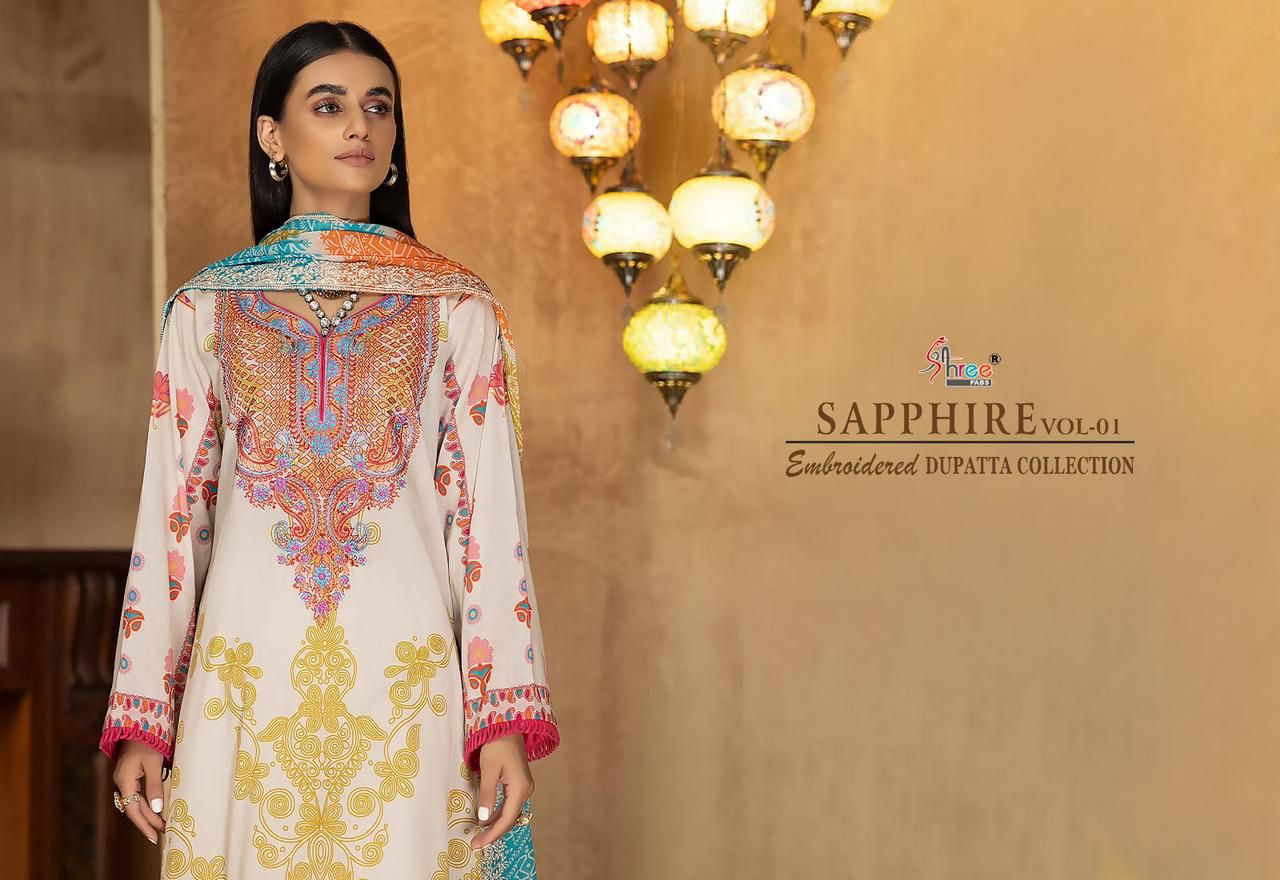 shree fabs shapphire embroidered dupatta collection vol 1 cotton decent look salwar suit with chiffon dupatta catalog