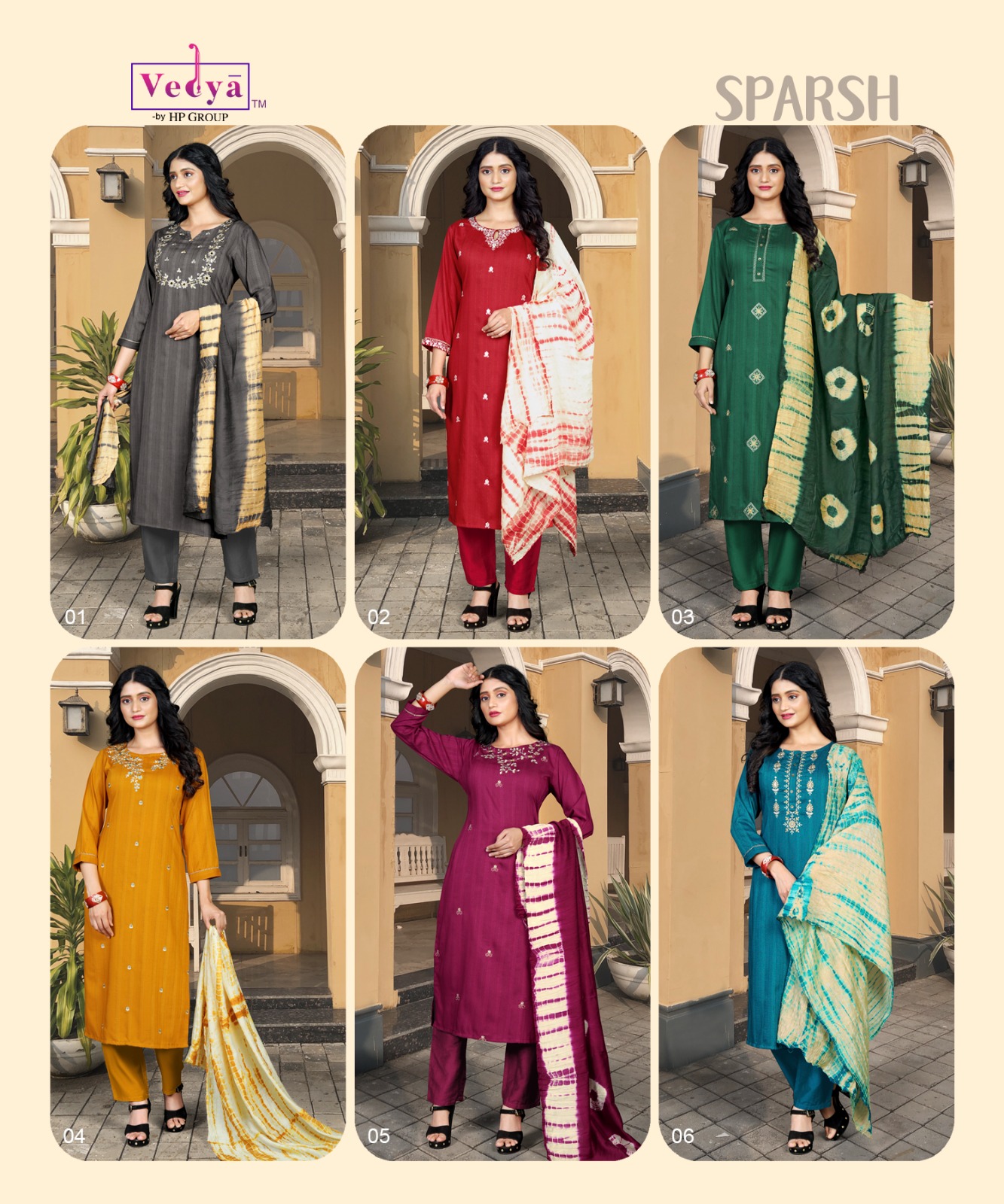 vedya sparsh chinon decent look top bottom with dupatta catalog