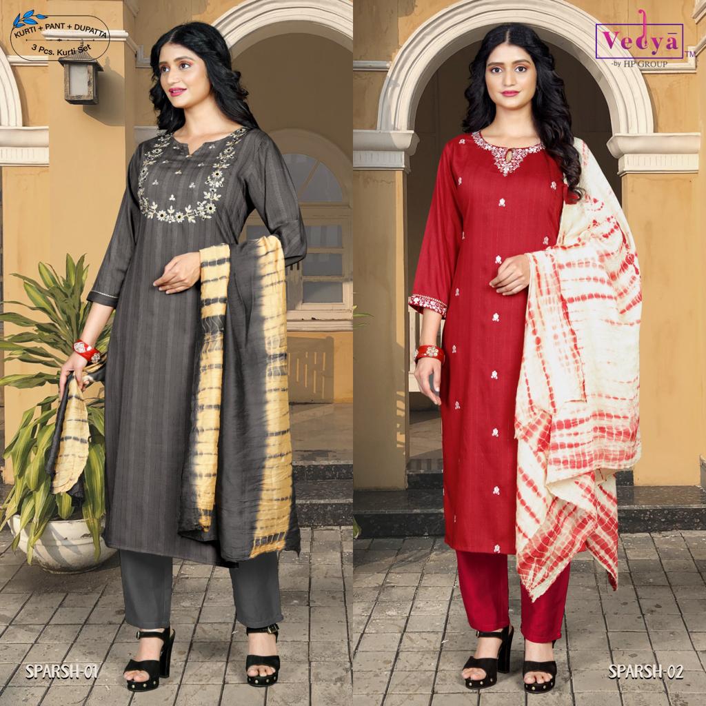 vedya sparsh chinon decent look top bottom with dupatta catalog