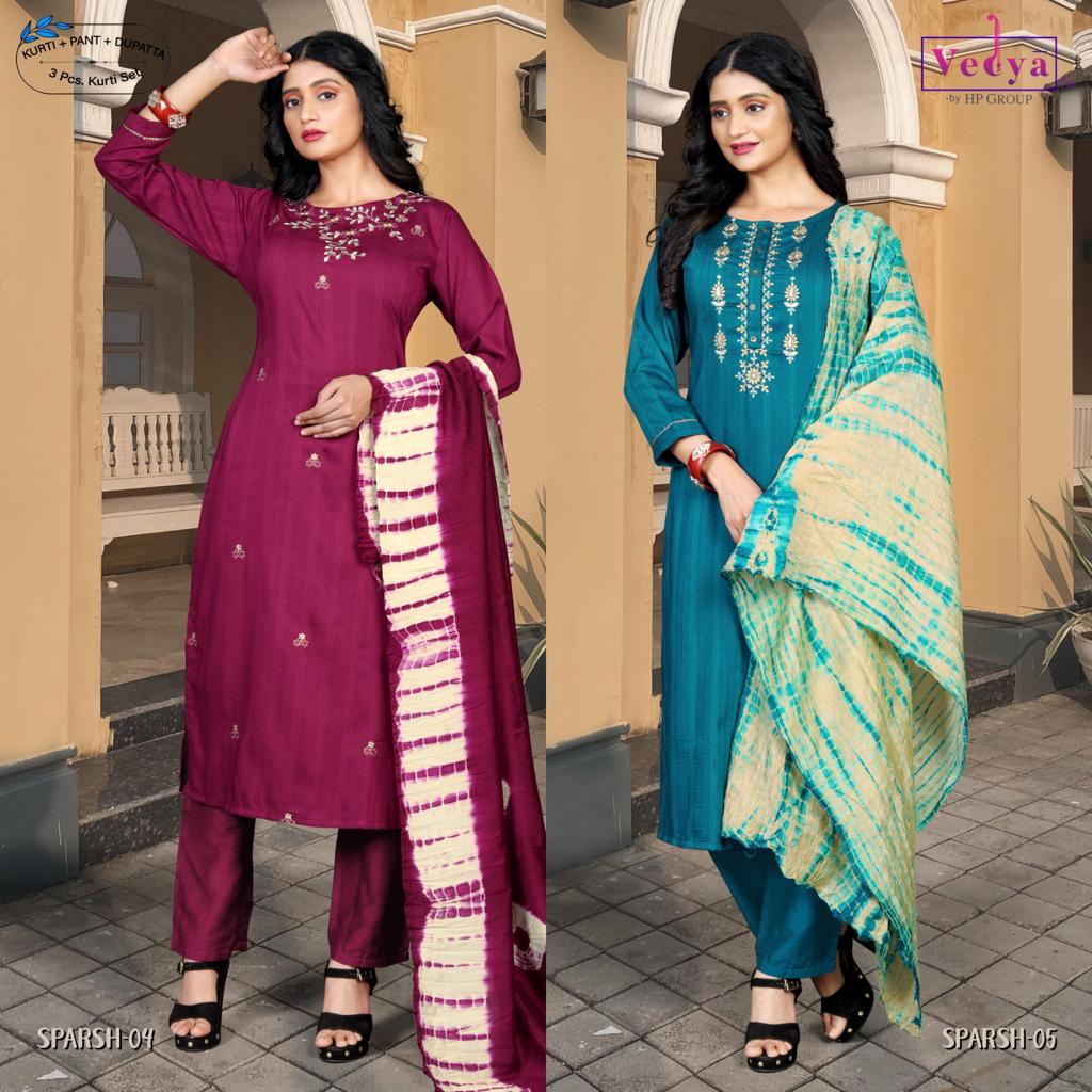 vedya sparsh chinon decent look top bottom with dupatta catalog