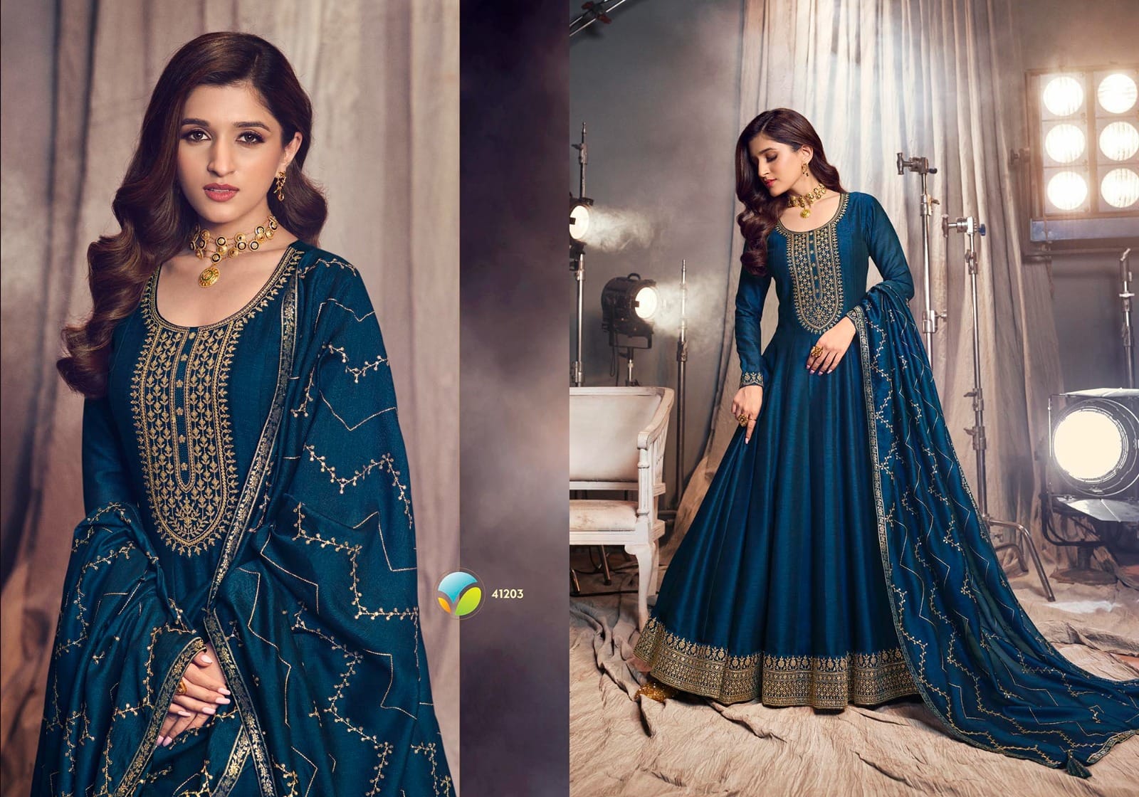 vinay fashion tumbaa apsara silk festive look gown with dupatta catalog